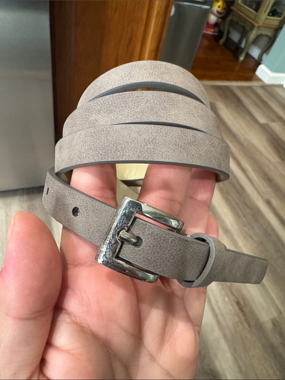 Neutral grey leather skinny dress belt silver hardware